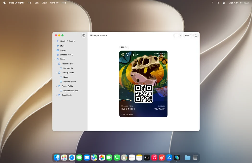 Apple's Pass Designer app running on a MacBook, showing a live preview of a museum poster pass being designed.