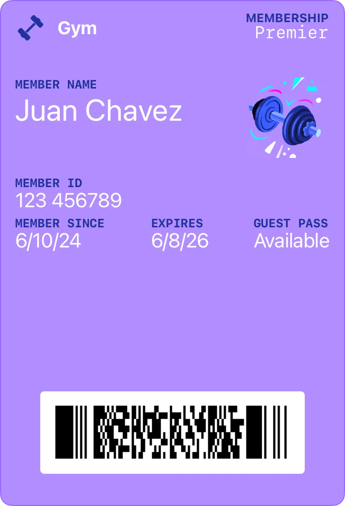A gym membership pass in the existing generic Apple Wallet style, on a solid purple background with a small dumbbell thumbnail and member details listed in rows.