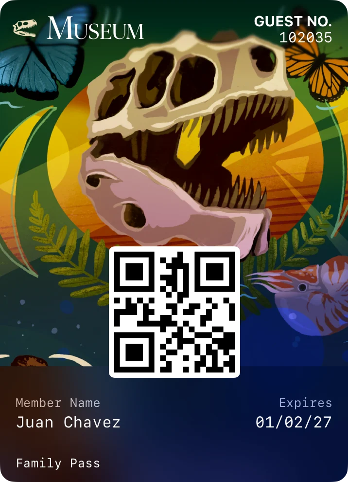 A museum membership pass in the new iOS 27 Poster Generic style, with full-bleed illustrated artwork of a dinosaur skull filling the whole card behind the pass content.