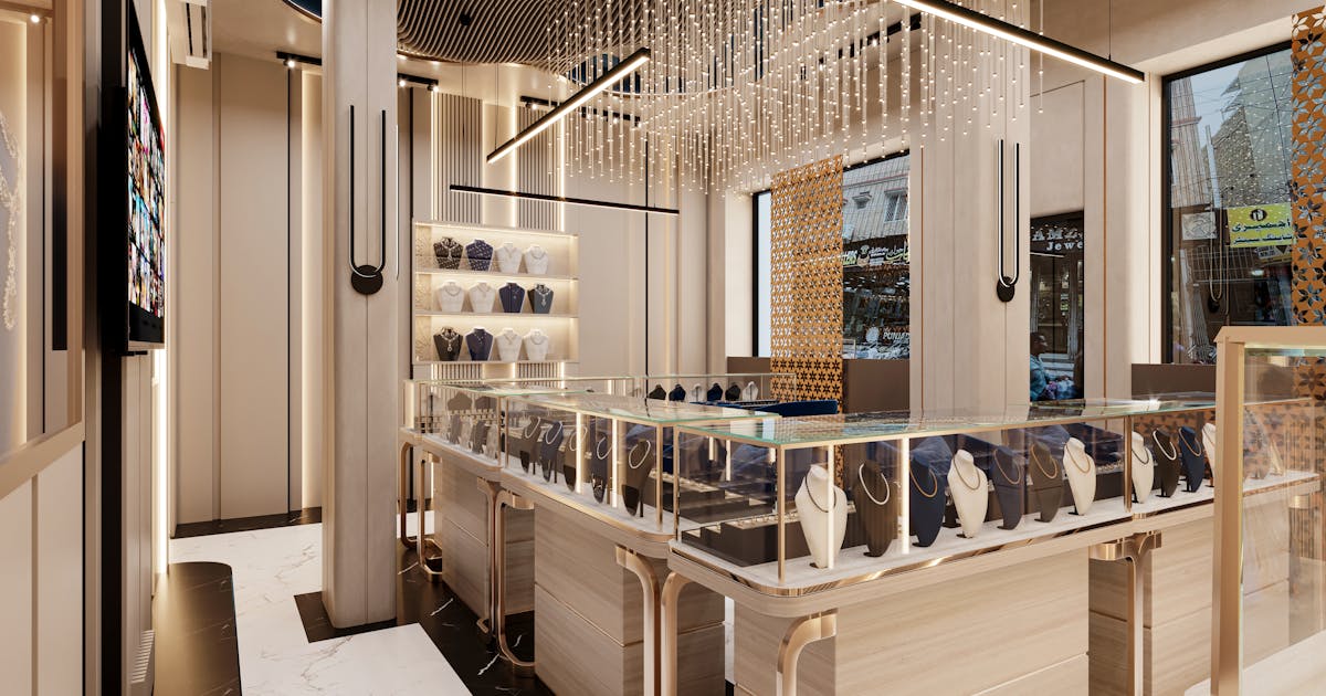Premium jewellery boutique interior with elegant lighting and modern showcases